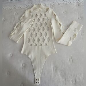 3.1 Phillip Lim Womens Cream Diamond Intarsia High Neck Bodysuit, Size L